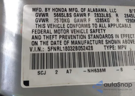 2002 Honda Odyssey Ex-L z USA, uszkodzony, nr VIN 5FNRL18032B052428